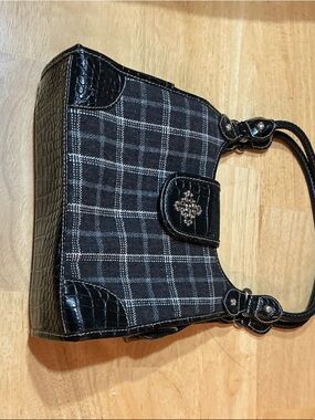 Black Plaid Shoulder Bag with Studded Accent